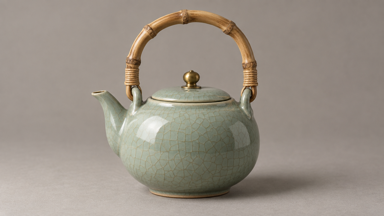 Bring a teapot into a rainy-window product film: Input · reference image