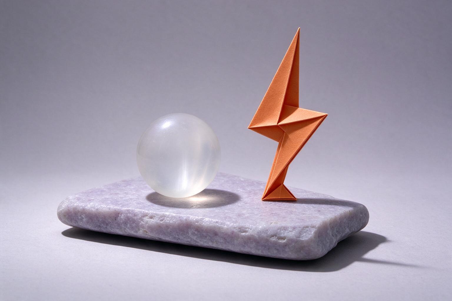 Seedream 5.0 Flash: a small orange paper lightning bolt on lavender stone beside a frosted glass sphere