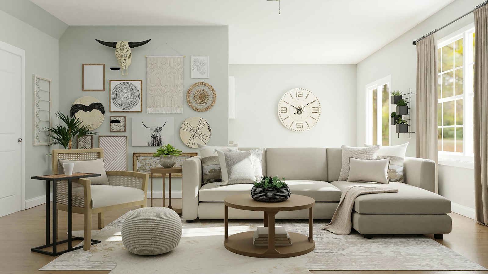 Source: a living room with a round clock on the white back wall and a tapestry, woven discs and bison skull on the left