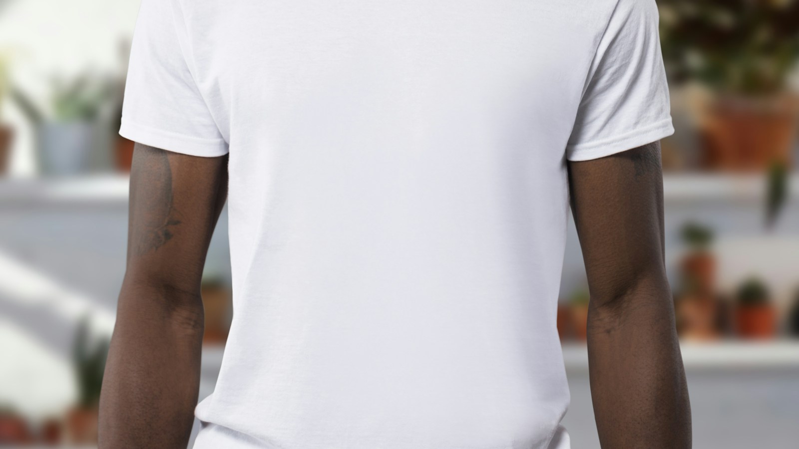 Source: close-up of a white heavyweight cotton tee, with sleeves, hem and arms in frame