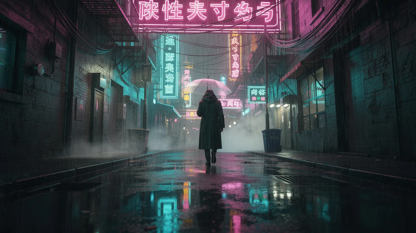 兜帽人物走过霓虹灯照亮的雨巷