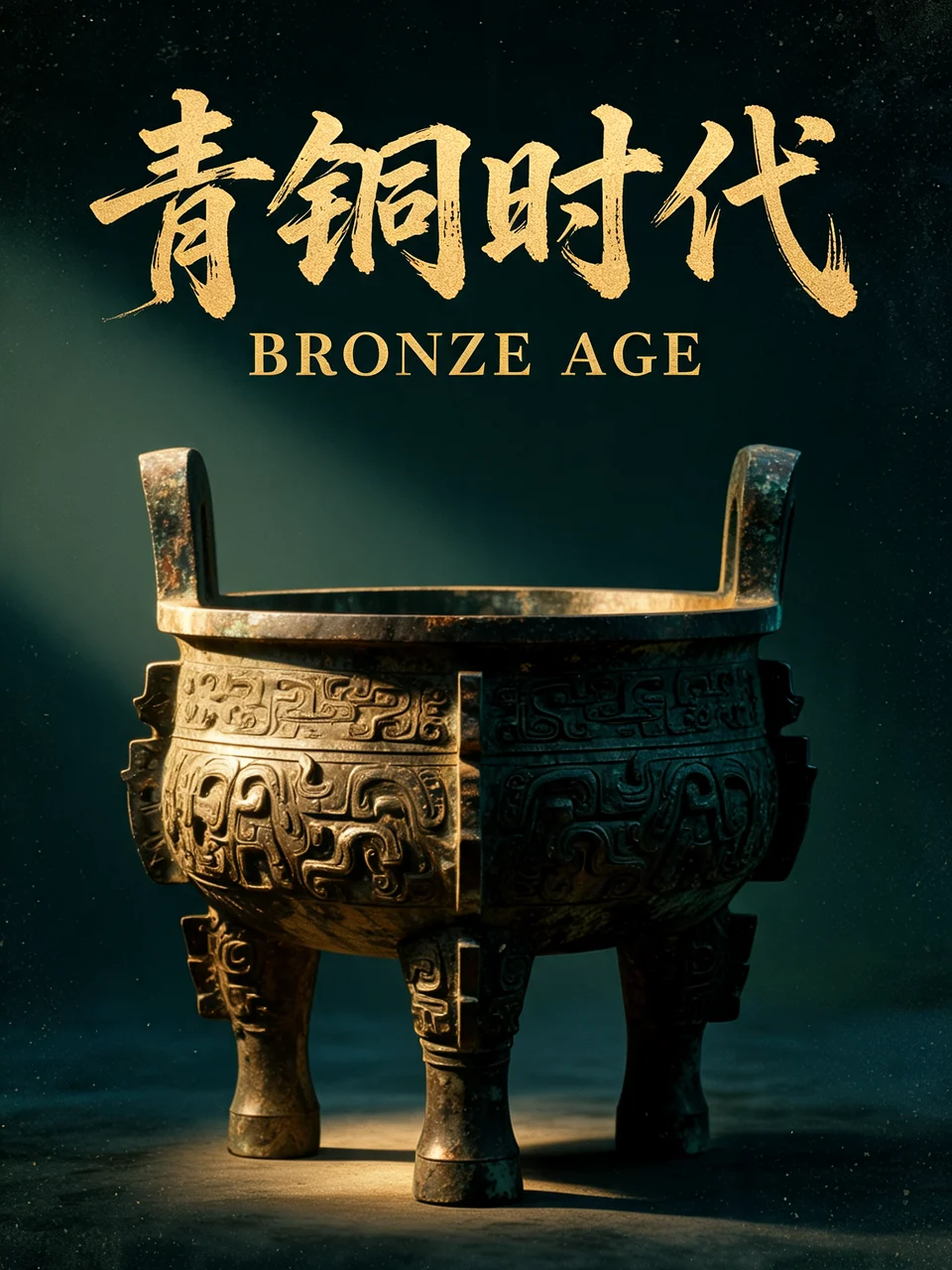 Seedream 5.0 Lite: a hand-painted museum poster with a bronze ding vessel, the title 青铜时代 and the subtitle BRONZE AGE