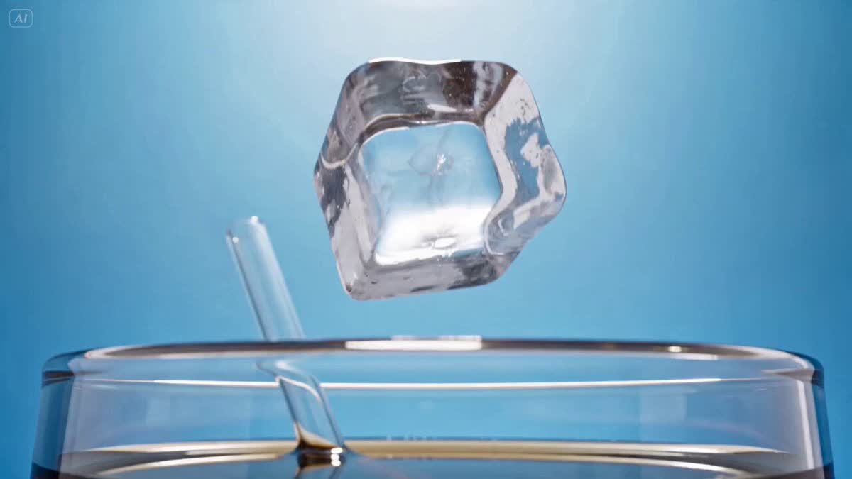 First-person POV of an ice cube dropped into a glass of soda