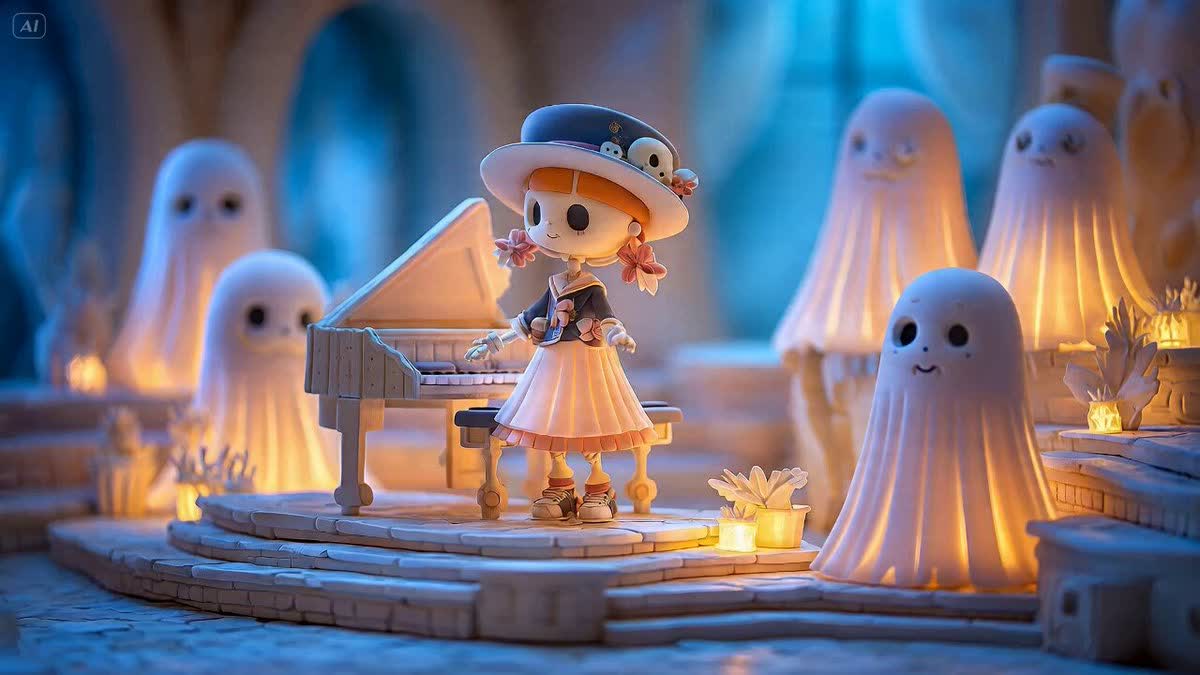 Skeleton Pianist Miniature Diorama Performance