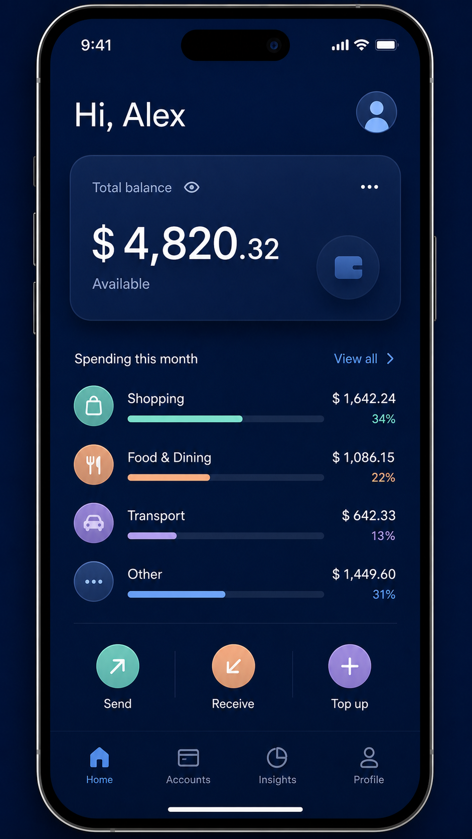 手机银行 App 主面板