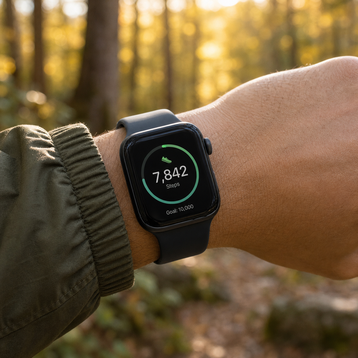 Smartwatch on Wrist with Forest Bokeh
