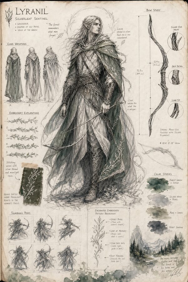 Elven archer sketchbook concept sheet
